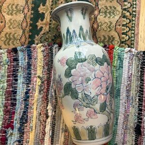 Vintage 90s 16" Floral Ceramic Vase with Pink and Green Design
